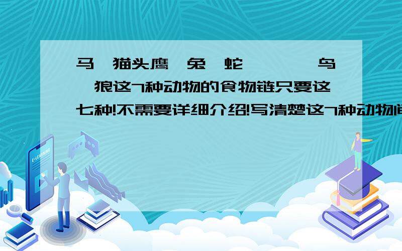 马、猫头鹰、兔、蛇、蚱蜢、鸟、狼这7种动物的食物链只要这七种!不需要详细介绍!写清楚这7种动物间的关系,如:..吃..