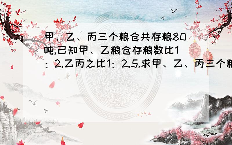 甲、乙、丙三个粮仓共存粮80吨,已知甲、乙粮仓存粮数比1：2,乙丙之比1：2.5,求甲、乙、丙三个粮仓各村多少粮食?