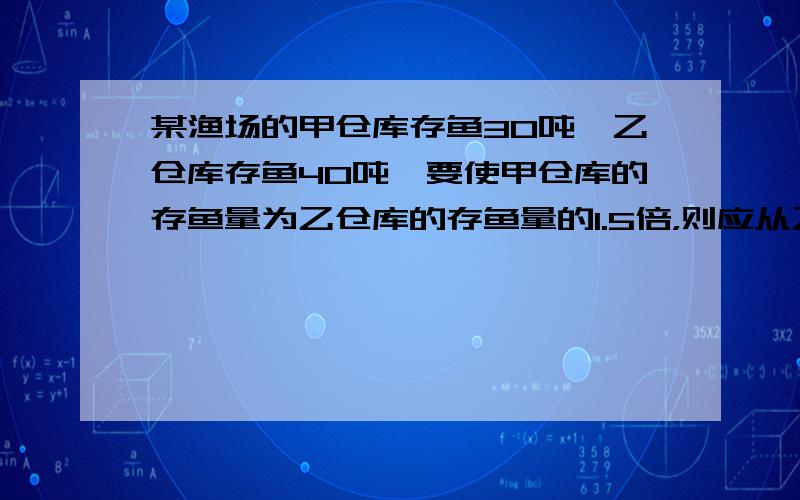 某渔场的甲仓库存鱼30吨,乙仓库存鱼40吨,要使甲仓库的存鱼量为乙仓库的存鱼量的1.5倍，则应从乙仓库运送多少吨鱼到甲仓库急