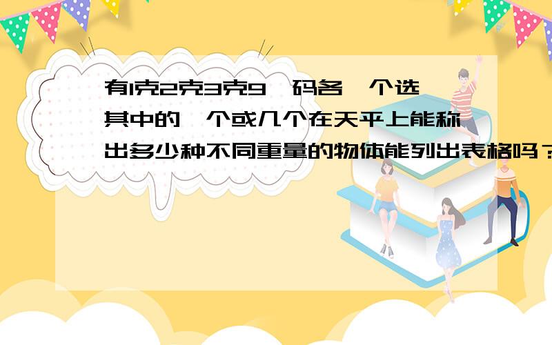 有1克2克3克9砝码各一个选其中的一个或几个在天平上能称出多少种不同重量的物体能列出表格吗？