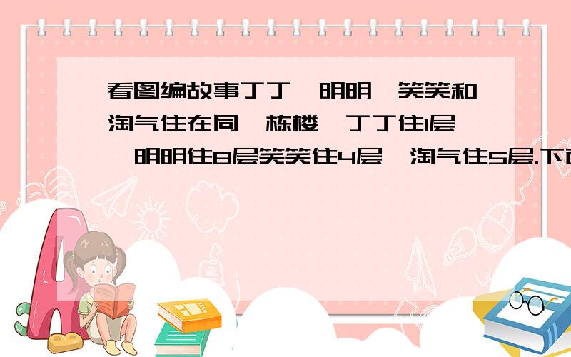 看图编故事丁丁,明明,笑笑和淘气住在同一栋楼,丁丁住1层,明明住8层笑笑住4层,淘气住5层.下面这幅图描述了丁丁在周末与其他三个小朋友一起活动的情形.请你根据这幅图编一个故事