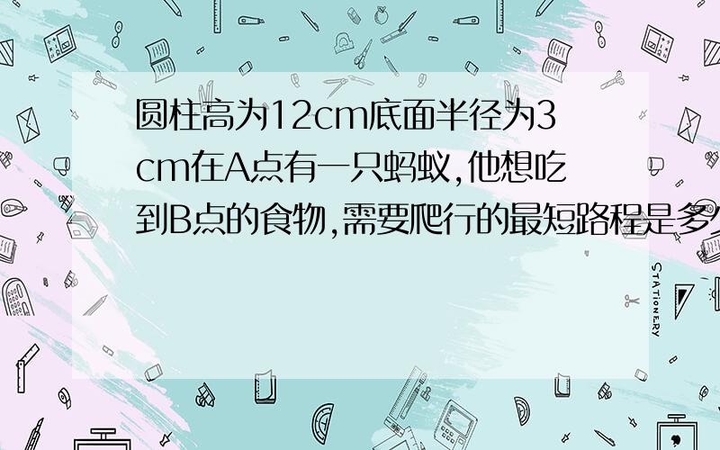 圆柱高为12cm底面半径为3cm在A点有一只蚂蚁,他想吃到B点的食物,需要爬行的最短路程是多少一定要有详细的过程