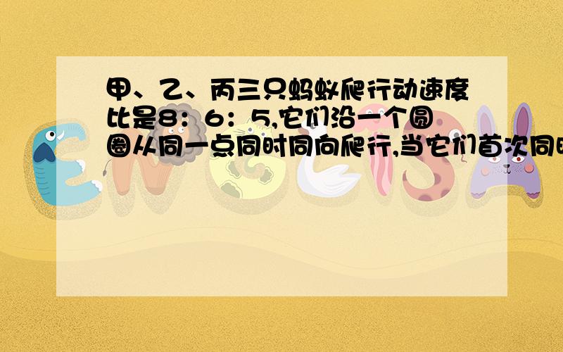 甲、乙、丙三只蚂蚁爬行动速度比是8：6：5,它们沿一个圆圈从同一点同时同向爬行,当它们首次同时回到出发点时,就结束爬行.问蚂蚁甲追上蚂蚁乙一共多少次（包括结束时间）?