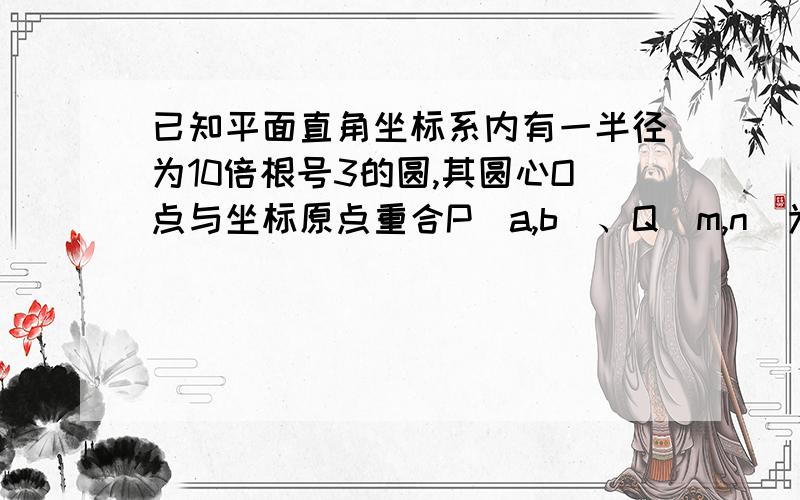 已知平面直角坐标系内有一半径为10倍根号3的圆,其圆心O点与坐标原点重合P（a,b）、Q（m,n）为圆上两点（P、Q不重合）．已知a、b、m、n满足方程组a+b+m+n=4√3a+b-m-n=0 求直线PQ的解析式