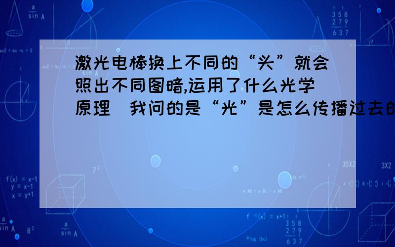 激光电棒换上不同的“头”就会照出不同图暗,运用了什么光学原理（我问的是“光”是怎么传播过去的,而...激光电棒换上不同的“头”就会照出不同图暗,运用了什么光学原理（我问的是“