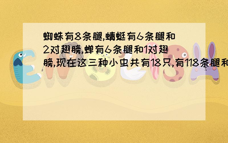 蜘蛛有8条腿,蜻蜓有6条腿和2对翅膀,蝉有6条腿和1对翅膀,现在这三种小虫共有18只,有118条腿和20对翅膀,每种小虫各多少只?