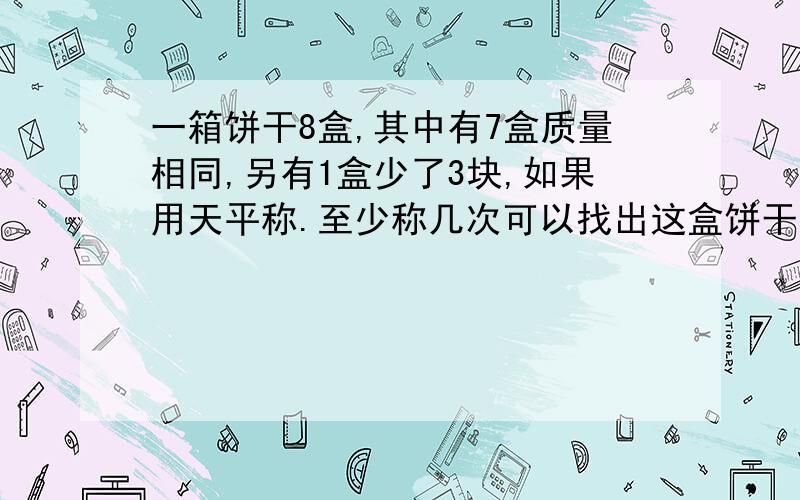 一箱饼干8盒,其中有7盒质量相同,另有1盒少了3块,如果用天平称.至少称几次可以找出这盒饼干?