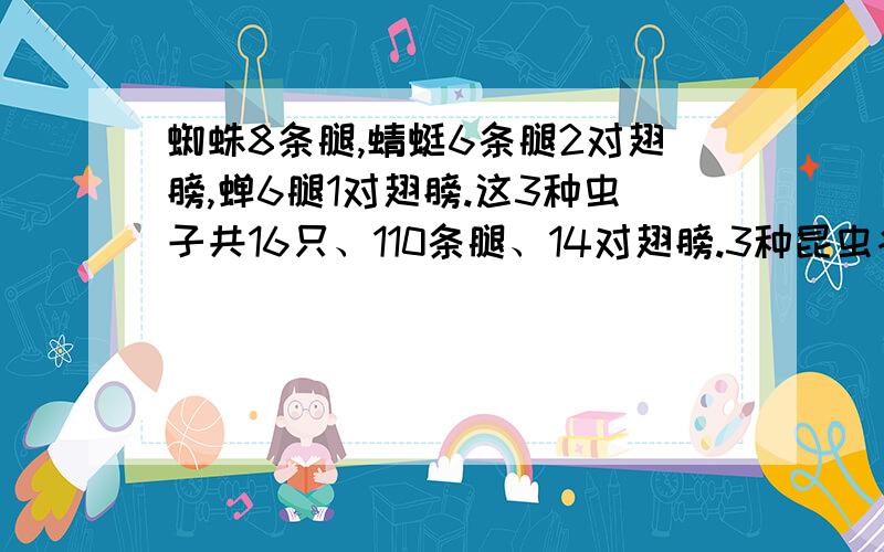 蜘蛛8条腿,蜻蜓6条腿2对翅膀,蝉6腿1对翅膀.这3种虫子共16只、110条腿、14对翅膀.3种昆虫各几只?一定要是方程啊.