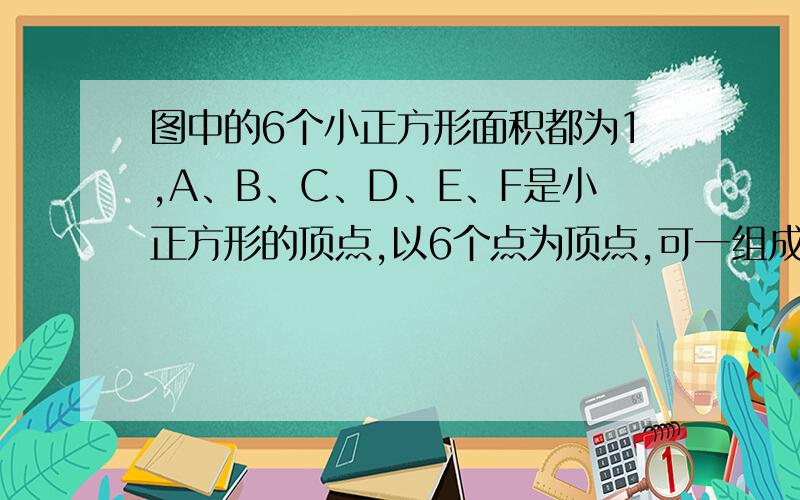 图中的6个小正方形面积都为1,A、B、C、D、E、F是小正方形的顶点,以6个点为顶点,可一组成都少个面积为1的三角形?请写出所有这样的三角形.（填入相应的集合内）锐角三角形（ ）直角三角形