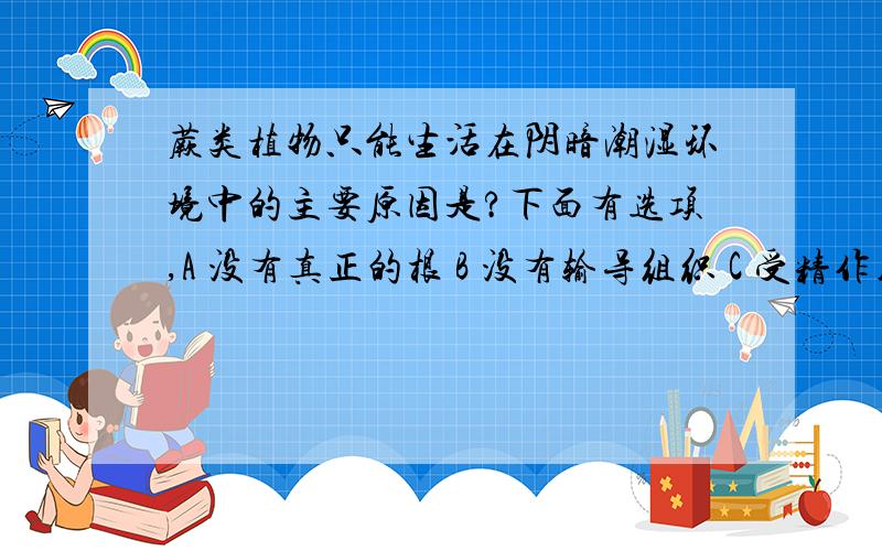 蕨类植物只能生活在阴暗潮湿环境中的主要原因是?下面有选项,A 没有真正的根 B 没有输导组织 C 受精作用离不开水 D 只有根状茎