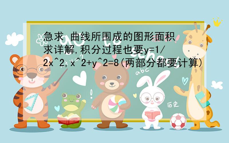 急求 曲线所围成的图形面积 求详解,积分过程也要y=1/2x^2,x^2+y^2=8(两部分都要计算)