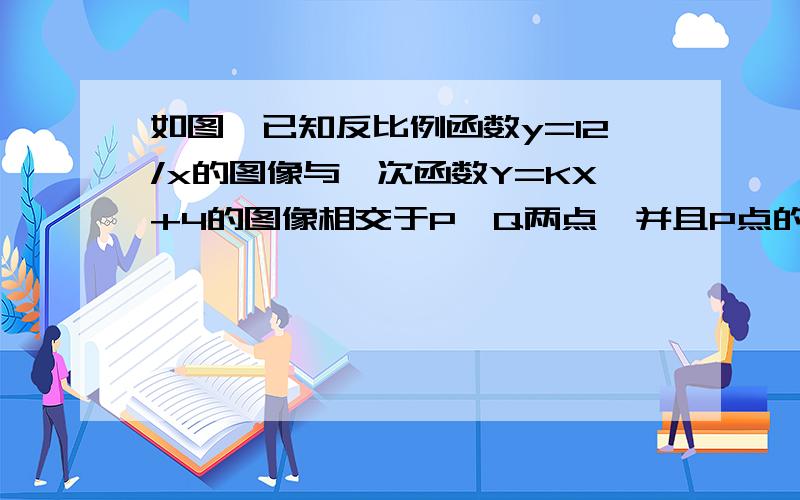 如图,已知反比例函数y=12/x的图像与一次函数Y=KX+4的图像相交于P、Q两点,并且P点的纵坐标是6（1）求这个一次函数的解析式（2）求△POQ的面积