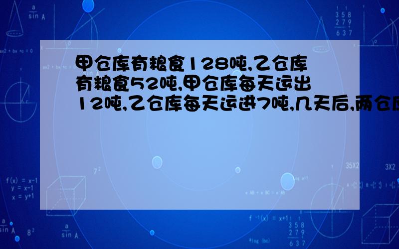 甲仓库有粮食128吨,乙仓库有粮食52吨,甲仓库每天运出12吨,乙仓库每天运进7吨,几天后,两仓库粮食一样多?此题要求不能用方程解,