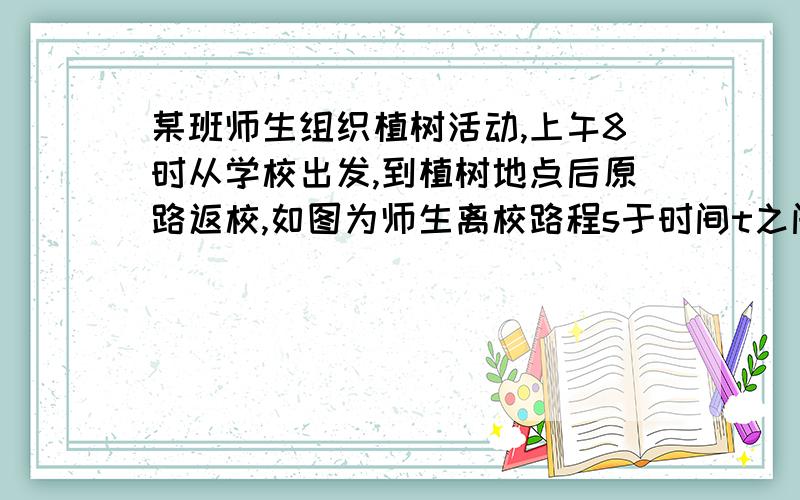 某班师生组织植树活动,上午8时从学校出发,到植树地点后原路返校,如图为师生离校路程s于时间t之间的图象(1) 如果运送树苗的三轮车比师生迟半小时出发,与师生同路匀速前进,早半小时到达