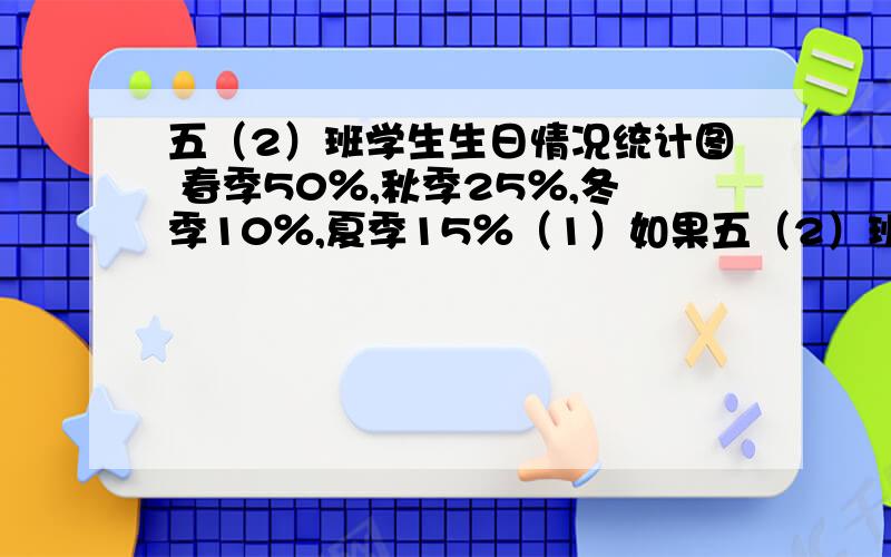 五（2）班学生生日情况统计图 春季50％,秋季25％,冬季10％,夏季15％（1）如果五（2）班共有40人,请你根据统计图提出一个数学问题,并解答.（2）如果五（2）班在冬季过生日的有4人,请你根据