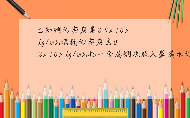 已知铜的密度是8.9×103 kg/m3,酒精的密度为0.8×103 kg/m3,把一金属铜块放入盛满水的杯子中,从杯中溢出20g水,若把该铜块放入另一盛满酒精的杯子中,则从杯中溢出酒精的质量是——