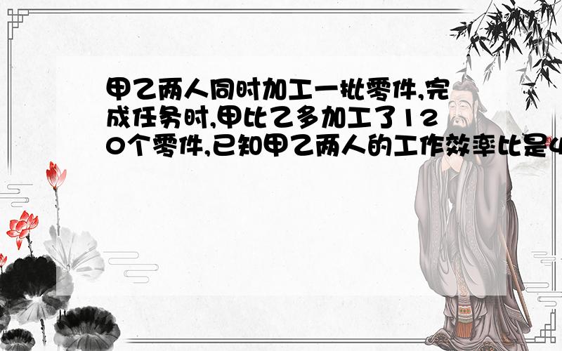 甲乙两人同时加工一批零件,完成任务时,甲比乙多加工了120个零件,已知甲乙两人的工作效率比是4：5,这批零件共有多少个?