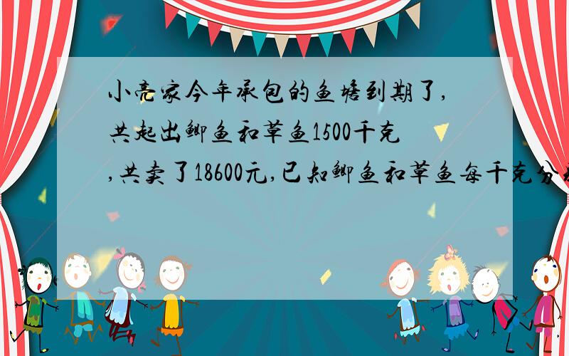 小亮家今年承包的鱼塘到期了,共起出鲫鱼和草鱼1500千克,共卖了18600元,已知鲫鱼和草鱼每千克分别为16元10元,则鲫鱼和草鱼各有多少千克?