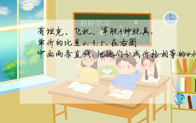 有坦克、飞机、军舰3种玩具,单价的比是2：3:5,在右图中画两条直线,把他们分成价格相等的4份.图例:两辆坦克、两架飞机、一艘军舰、一辆坦克、一架飞机、两艘军舰、两辆坦克、两架飞机.