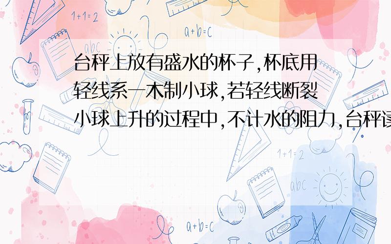 台秤上放有盛水的杯子,杯底用轻线系一木制小球,若轻线断裂小球上升的过程中,不计水的阻力,台秤读数如何变化?