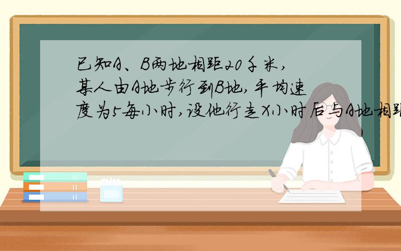 已知A、B两地相距20千米,某人由A地步行到B地,平均速度为5每小时,设他行走X小时后与A地相距y千米.画出这个函数的图像或说怎么画也行,最好带图已知A、B两地相距20千米，某人由A地步行到B地