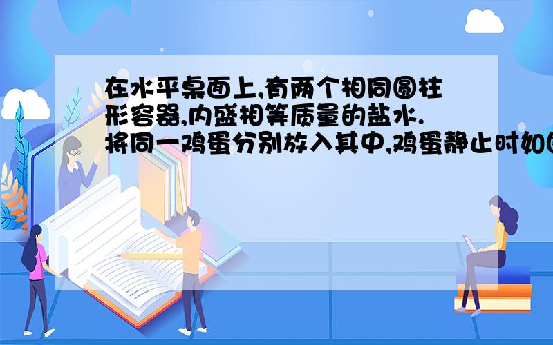 在水平桌面上,有两个相同圆柱形容器,内盛相等质量的盐水.将同一鸡蛋分别放入其中,鸡蛋静止时如图所示鸡蛋在甲、乙两杯中所受浮力分别为F1和F2,盐水对容器底部压强分别为p1和p2,则