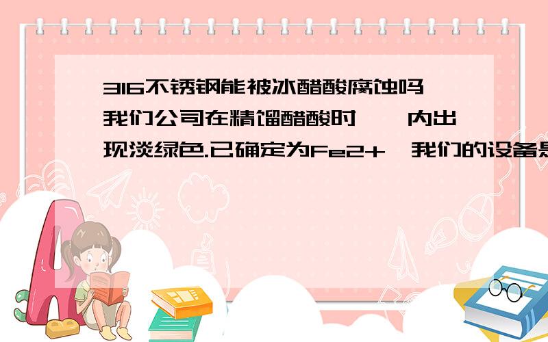 316不锈钢能被冰醋酸腐蚀吗我们公司在精馏醋酸时,釜内出现淡绿色.已确定为Fe2+,我们的设备是316不锈钢的,怎么会出现这种状况?还有顺便问一下：冰醋酸中含有Fe3+怎样鉴别?