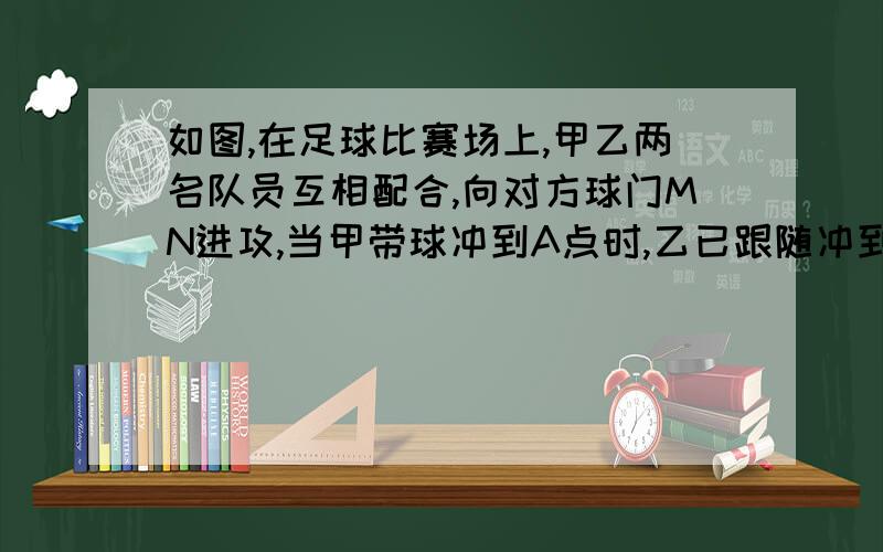 如图,在足球比赛场上,甲乙两名队员互相配合,向对方球门MN进攻,当甲带球冲到A点时,乙已跟随冲到B点.请问：（1)此时甲是自己射门好,还是迅速将球回传给乙,让乙射门好?（2）请探索:有什么