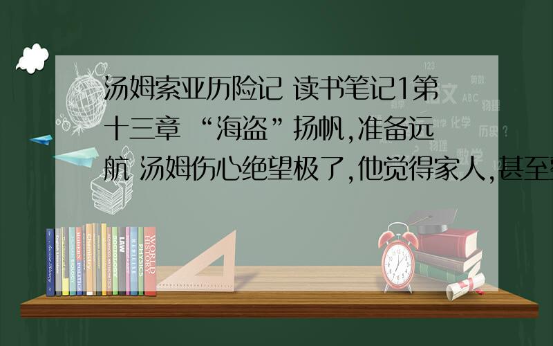 汤姆索亚历险记 读书笔记1第十三章 “海盗”扬帆,准备远航 汤姆伤心绝望极了,他觉得家人,甚至整个世界都把他给抛弃了,哈勃无缘无故地挨了妈妈的一顿揍也如此想着,于是情同意和的两人