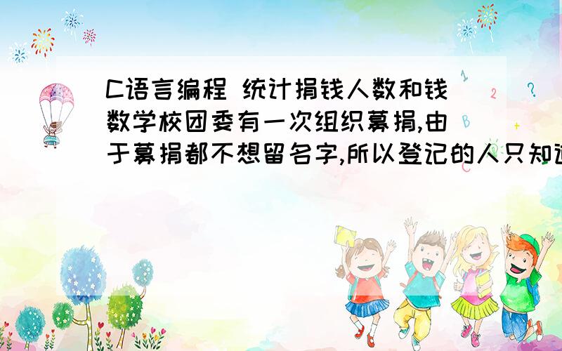 C语言编程 统计捐钱人数和钱数学校团委有一次组织募捐,由于募捐都不想留名字,所以登记的人只知道捐助人的性别,在记录时,为了简便,男生捐的记正数,女生捐的记负数.现在已知参与捐助的