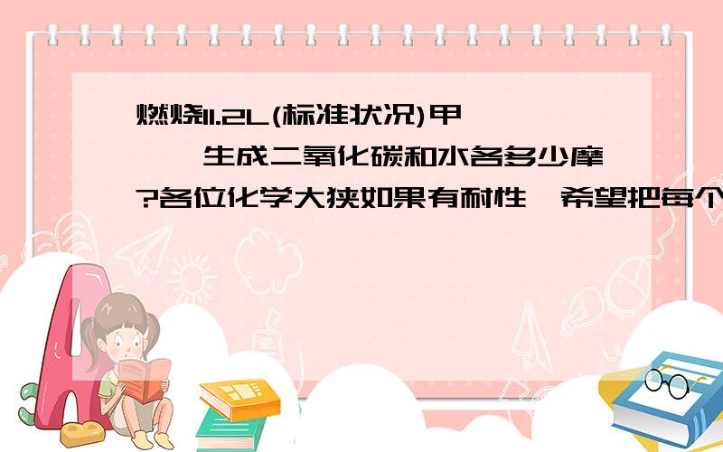 燃烧11.2L(标准状况)甲烷,生成二氧化碳和水各多少摩?各位化学大狭如果有耐性,希望把每个步骤都写的很清楚,有的 字打不上来写的不是很完全燃烧11.2L(标准状况)甲烷,生成CO2和H2O的物质的量