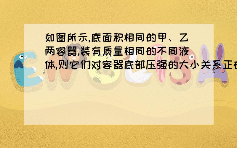 如图所示,底面积相同的甲、乙两容器,装有质量相同的不同液体,则它们对容器底部压强的大小关系正确的是A．P甲＞P乙    B．P甲＜P乙    C．P甲=P乙    D．条件不足,无法判断    我知道答案是B