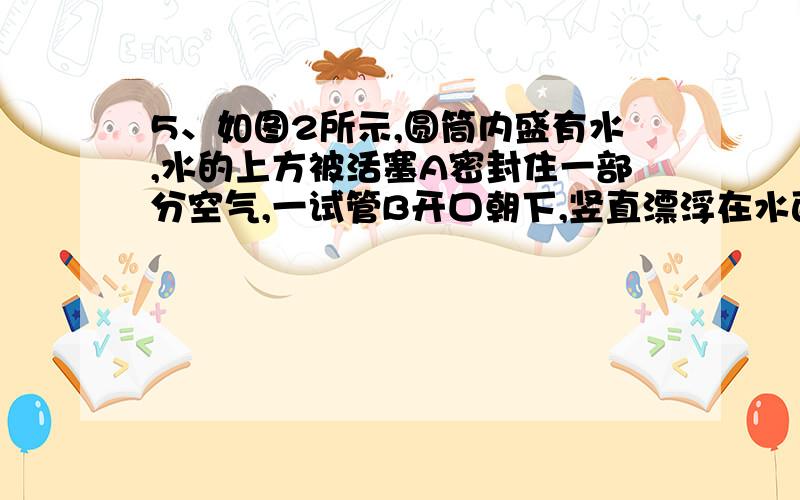 5、如图2所示,圆筒内盛有水,水的上方被活塞A密封住一部分空气,一试管B开口朝下,竖直漂浮在水面上,管内封有一段长为L的空气柱(试管壁的体积不计),试管所受浮力为F,管内外水面高度差为h,