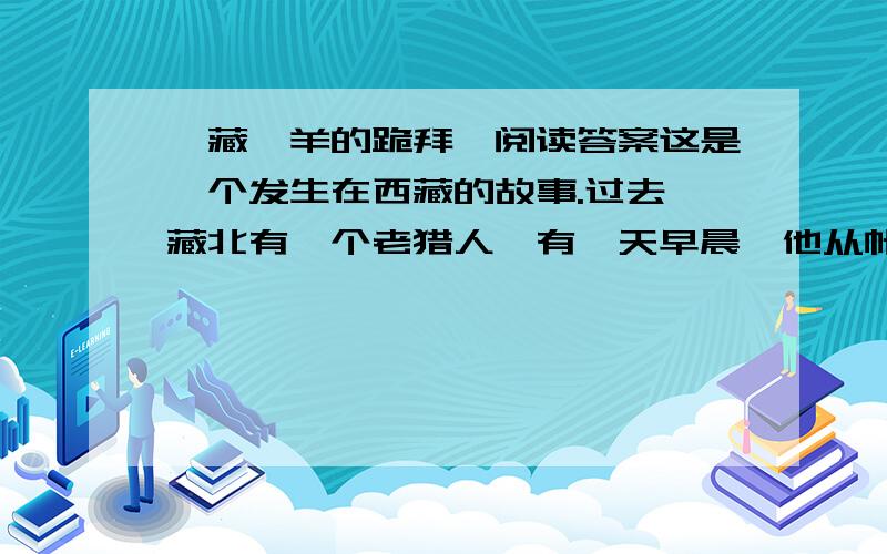 《藏羚羊的跪拜》阅读答案这是一个发生在西藏的故事.过去,藏北有一个老猎人,有一天早晨,他从帐篷里出来,突然看见对面不远处的草地上站立着一只肥肥壮壮的藏羚羊.他赶紧转身拿来猎枪,