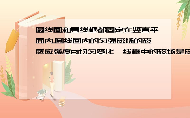 圆线圈和导线框都固定在竖直平面内.圆线圈内的匀强磁场的磁感应强度B1均匀变化,线框中的磁场是磁感应强度B2=0.2T的恒定匀强磁场,导线框是裸导线,导体ab在导线框上可无摩擦地滑动,如图所