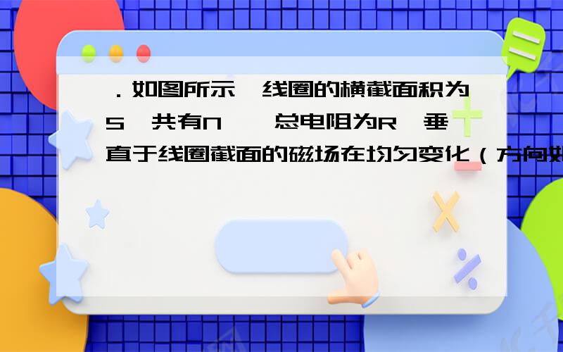 ．如图所示,线圈的横截面积为S,共有N匝,总电阻为R,垂直于线圈截面的磁场在均匀变化（方向如图所示）.线圈与水平放置相距为d的两平行金属板M、N相连,M、N间有磁感应强度为B的匀强磁场.一