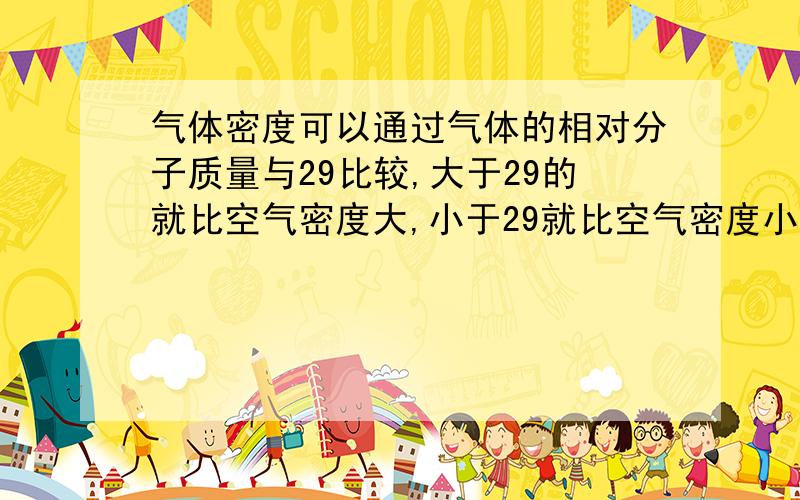 气体密度可以通过气体的相对分子质量与29比较,大于29的就比空气密度大,小于29就比空气密度小,那么气体密度可以通过气体的相对分子质量与29比较,大于的就比空气密度大,小于就比空气密度