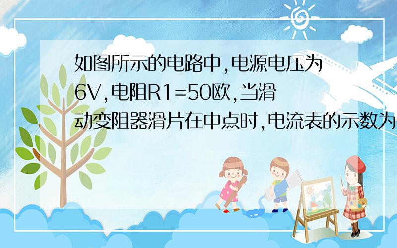 如图所示的电路中,电源电压为6V,电阻R1=50欧,当滑动变阻器滑片在中点时,电流表的示数为0.36A