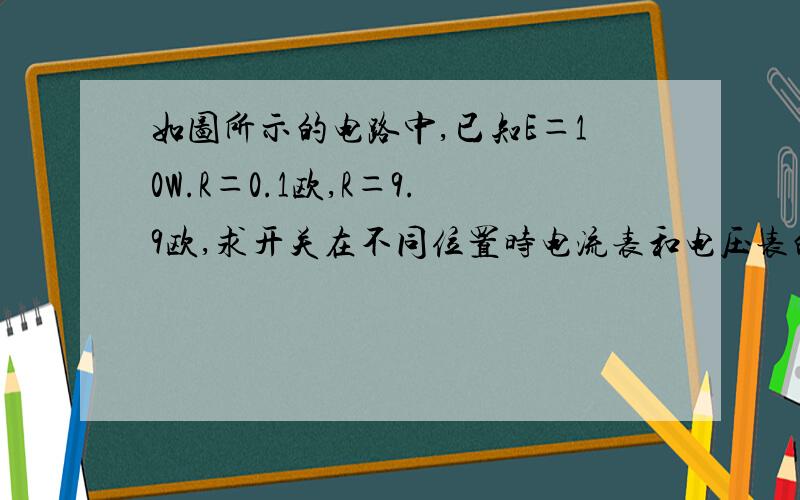 如图所示的电路中,已知E＝10W.R＝0.1欧,R＝9.9欧,求开关在不同位置时电流表和电压表的读数