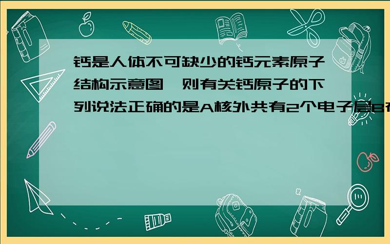 钙是人体不可缺少的钙元素原子结构示意图,则有关钙原子的下列说法正确的是A核外共有2个电子层B在化学反应中易失电子C核外电子总数为40D在化学反映中易得电子