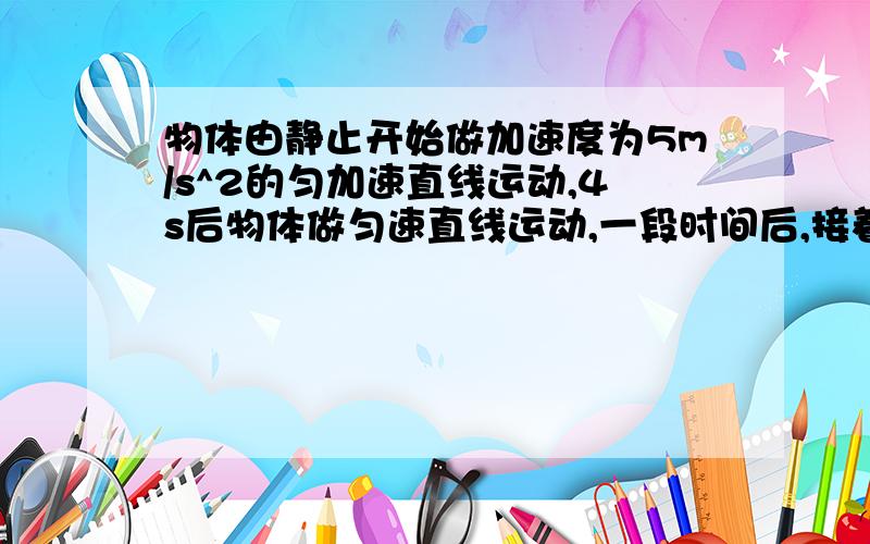 物体由静止开始做加速度为5m/s^2的匀加速直线运动,4s后物体做匀速直线运动,一段时间后,接着又做匀减速直线运动,经过5s静止,全程所用总时间为10s,求物体运动的v-t图象