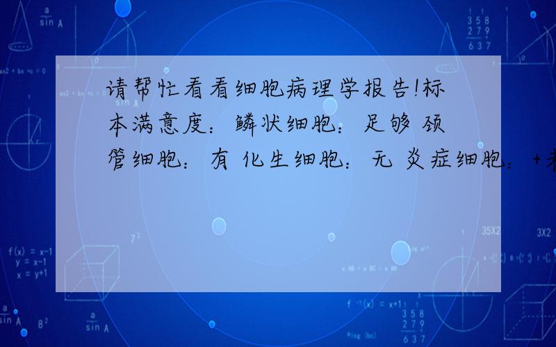 请帮忙看看细胞病理学报告!标本满意度：鳞状细胞：足够 颈管细胞：有 化生细胞：无 炎症细胞：+未见上皮内病变和恶性病变,炎性反应性改变.建议做排除HPV的检查.我想问问我这种情况是