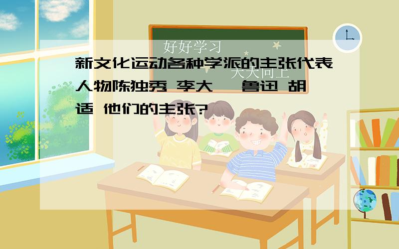 新文化运动各种学派的主张代表人物陈独秀 李大钊 鲁迅 胡适 他们的主张?