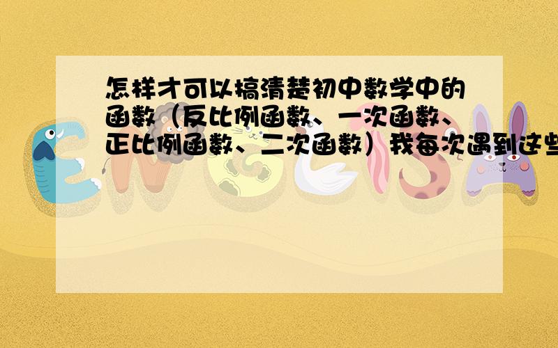 怎样才可以搞清楚初中数学中的函数（反比例函数、一次函数、正比例函数、二次函数）我每次遇到这些题目都不会做,知道用哪些解析式,但是我又会想解析式怎样来的.一点思路都没有,中考