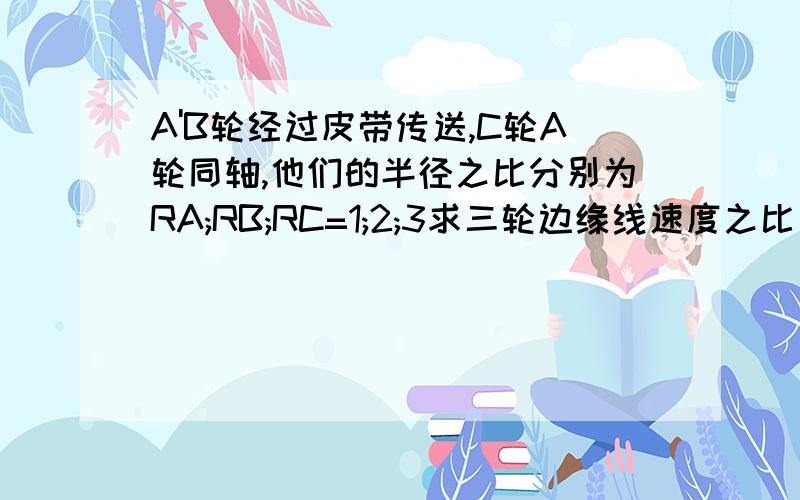 A'B轮经过皮带传送,C轮A轮同轴,他们的半径之比分别为RA;RB;RC=1;2;3求三轮边缘线速度之比　2）三轮角速度之比．（3）三轮边缘三点的向心加速度之比