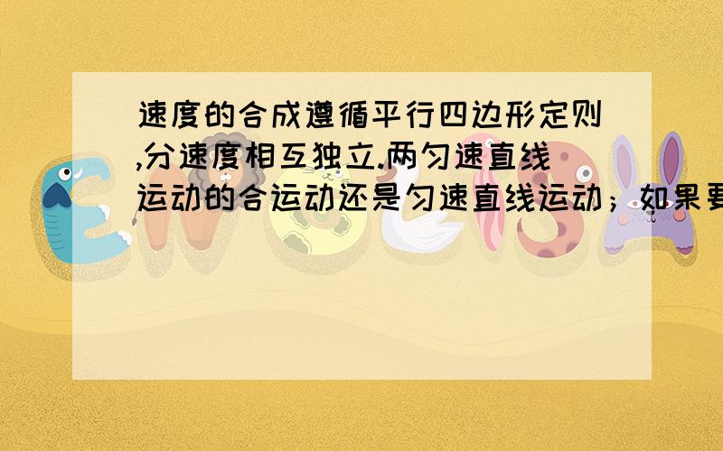 速度的合成遵循平行四边形定则,分速度相互独立.两匀速直线运动的合运动还是匀速直线运动；如果要想求沿着分速度方向上的位移,就用分速度乘以时间,相互垂直的两个方向上，要是不垂直