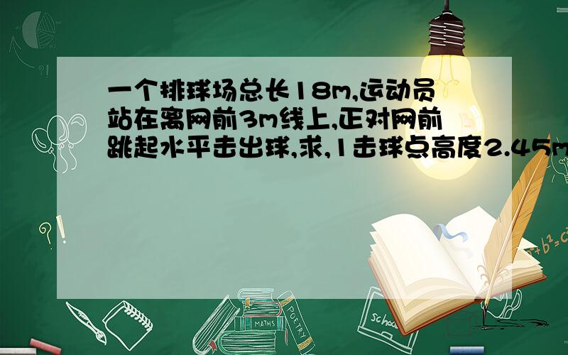 一个排球场总长18m,运动员站在离网前3m线上,正对网前跳起水平击出球,求,1击球点高度2.45m若球不触网,击球速度应为多大?2若击球点高度小于某一直,那么无论水平速度多大,球不是触网就是出