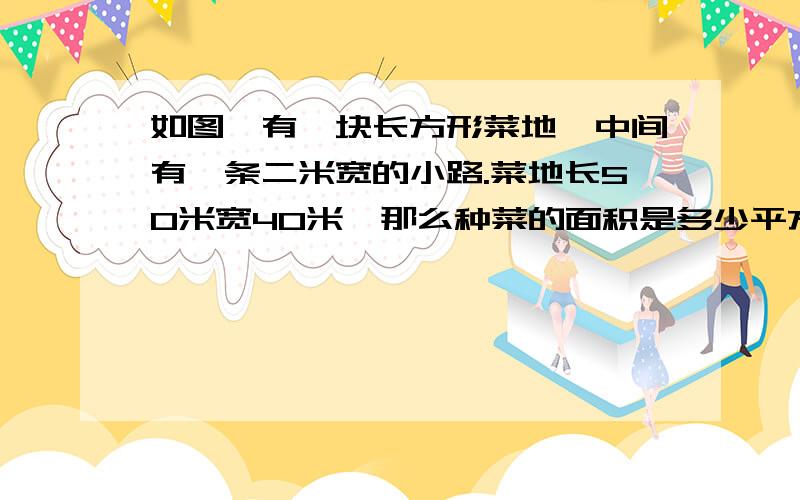 如图,有一块长方形菜地,中间有一条二米宽的小路.菜地长50米宽40米,那么种菜的面积是多少平方米?不要有字母.