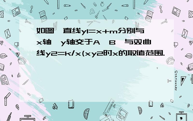 如图,直线y1=x+m分别与x轴、y轴交于A、B,与双曲线y2=k/x(xy2时x的取值范围.