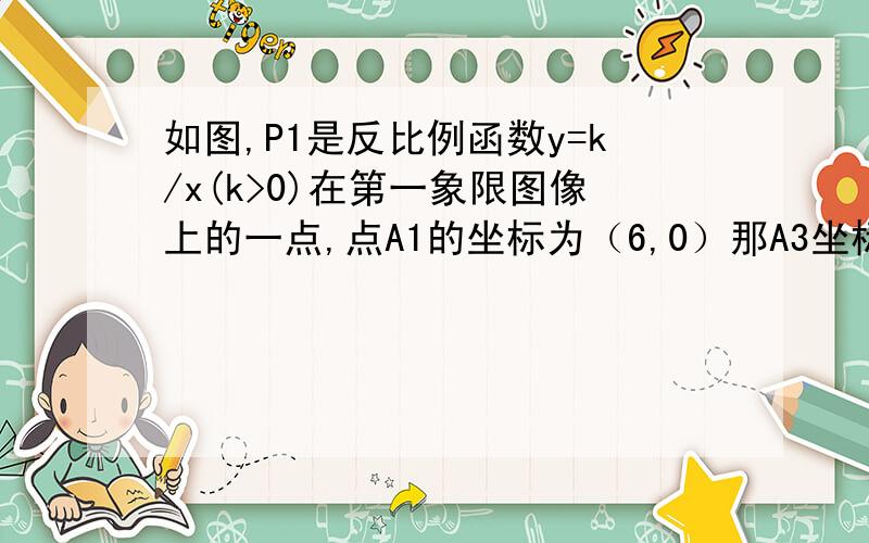 如图,P1是反比例函数y=k/x(k>0)在第一象限图像上的一点,点A1的坐标为（6,0）那A3坐标与A5坐标是?